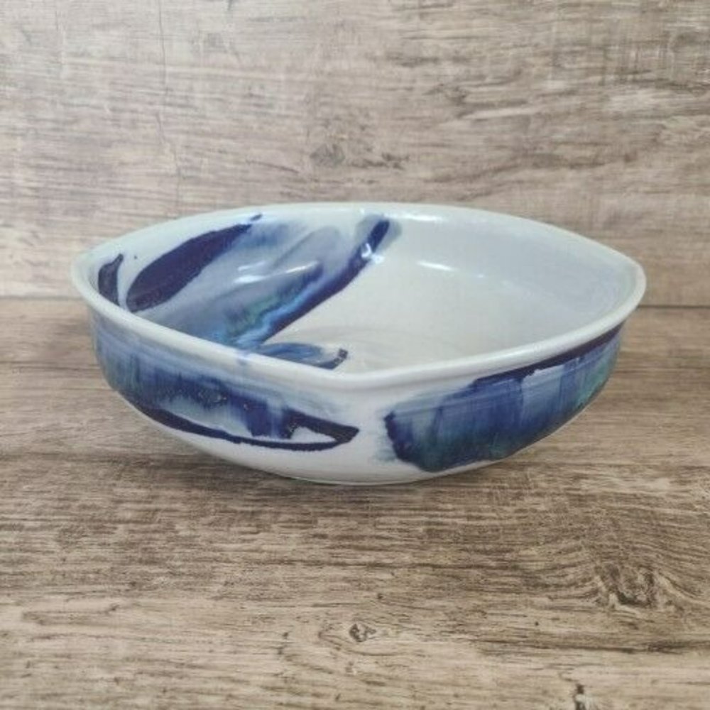 Studio Hand Made Artisan Signed Pottery Rounded Square Bowl Blue Butterfly Glaze - Picture 6 of 12